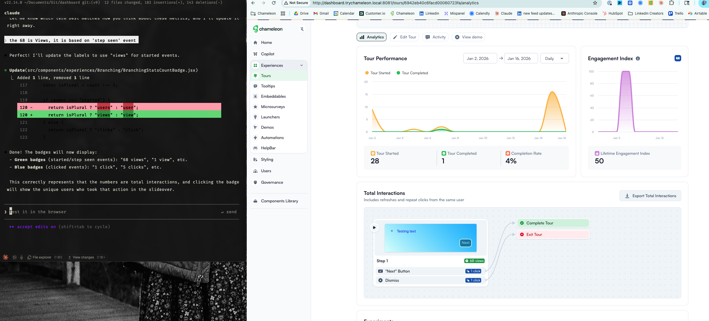 Claude Code terminal alongside the Chameleon dashboard, showing a code change to fix badge labels on tour analytics