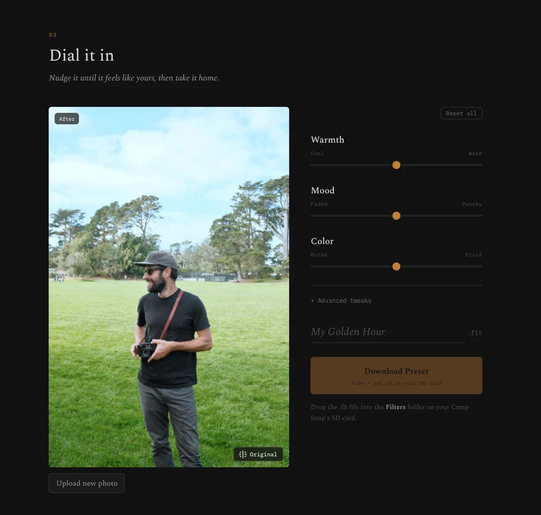 Camp Snap Filter Editor fine-tuning view — Warmth, Mood, and Color sliders with live before/after photo preview and filter download