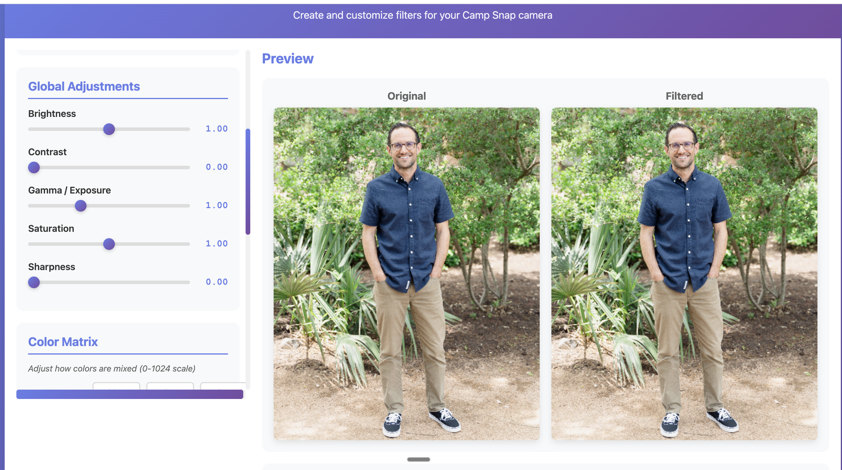 Camp Snap Filter Editor showing global adjustment sliders alongside original and filtered photo previews