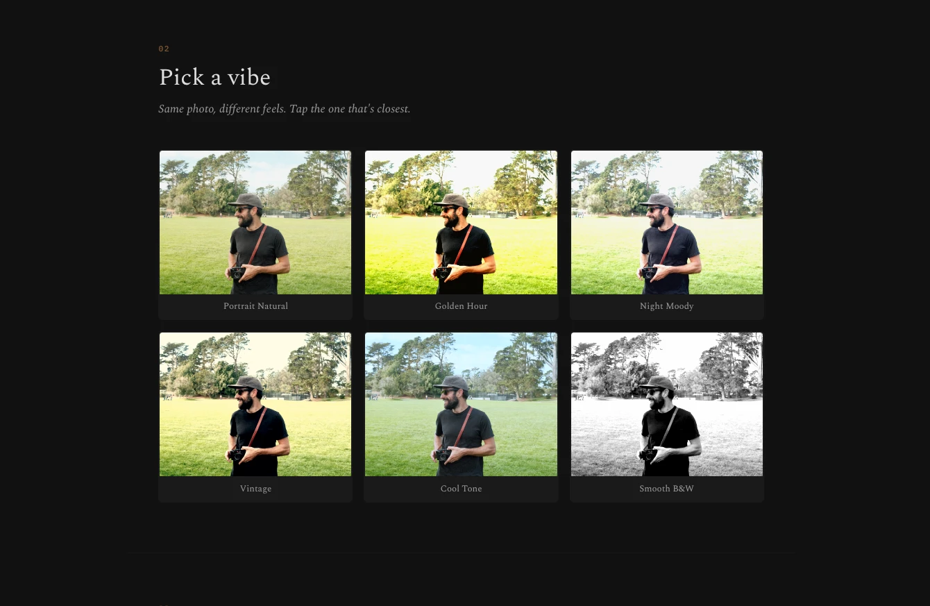Camp Snap Filter Editor preset selection — six filter styles applied to the same photo: Portrait Natural, Golden Hour, Night Moody, Vintage, Cool Tone, and Smooth B&W