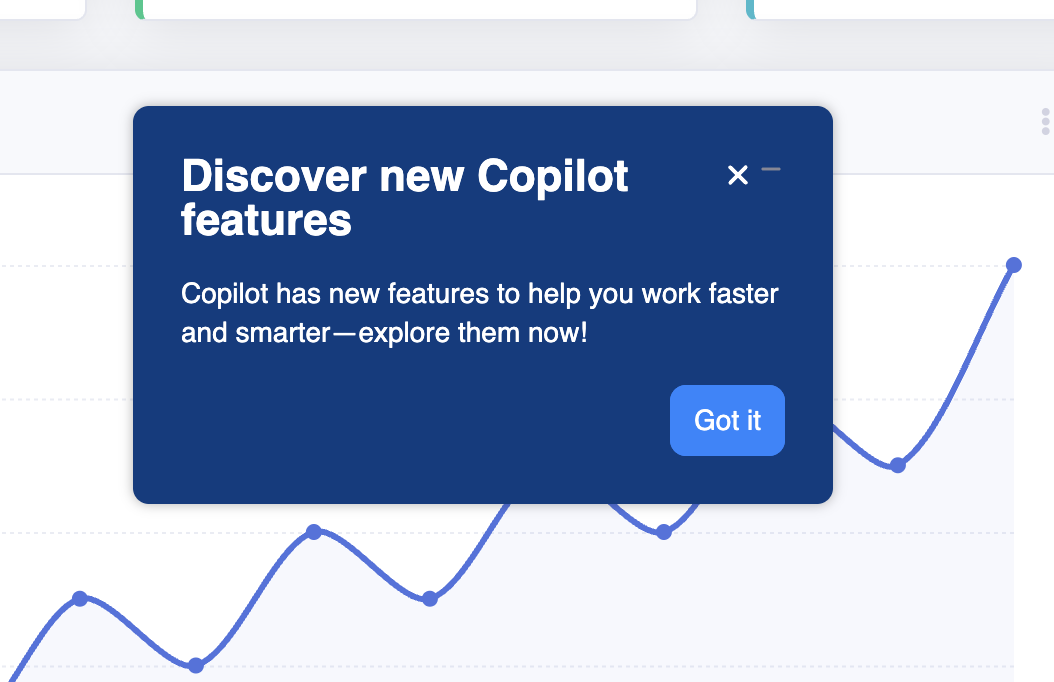 Chameleon announcement modal showing dismiss (X) and minimize (—) controls in the top-right corner