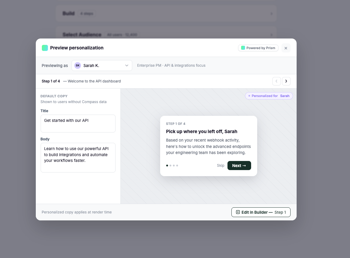 Prism personalization preview showing how content adapts per user — personalized copy for Sarah K. based on her role and recent activity