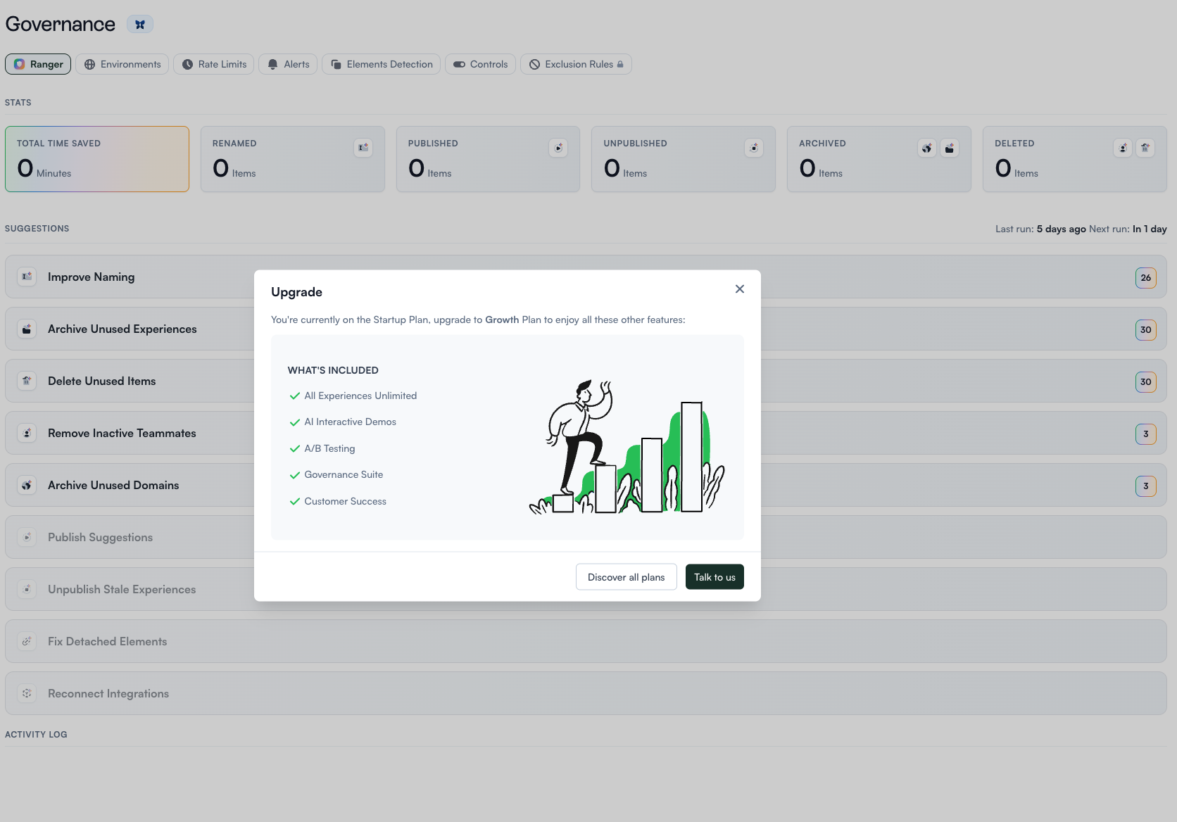 Ranger agent dashboard showing automated suggestions for account cleanup