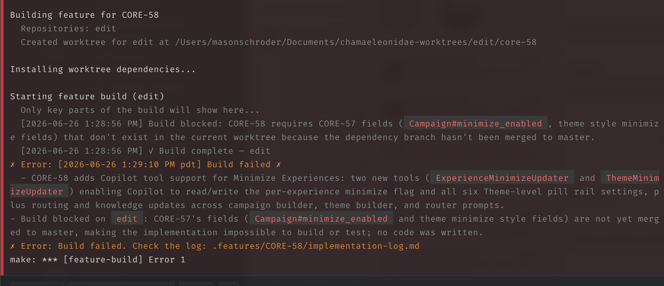 Terminal output showing a feature build for CORE-58, the minimize experience, with Copilot tool support for Minimize Experiences